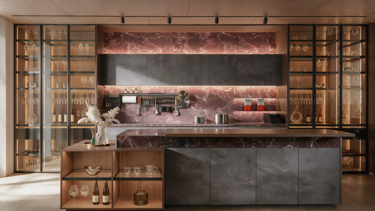 Red marble, timber and glass cabinetry illuminated at the KnoxOne Braeside showroom.