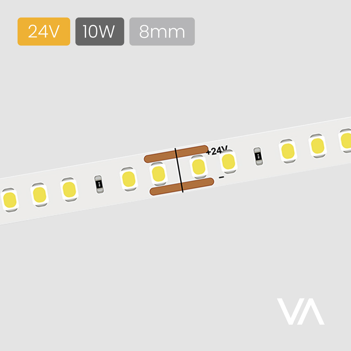 VOXAURA SMD LED-Ribbon, LS4004, 24V, 10W/m, 8mm, 2-pin Monochrome, 128 LEDs/m, IP20, 5m