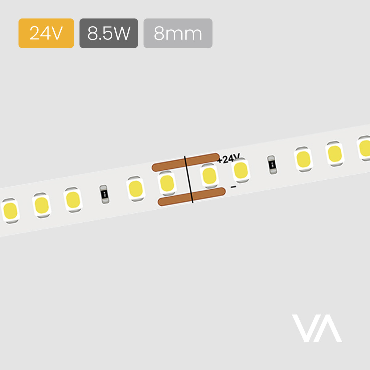 VOXAURA SMD LED-Ribbon, LS4005, 24V, 8.5W/m, 8mm, 2-pin Monochrome, 126 LEDs/m, IP20, 15m