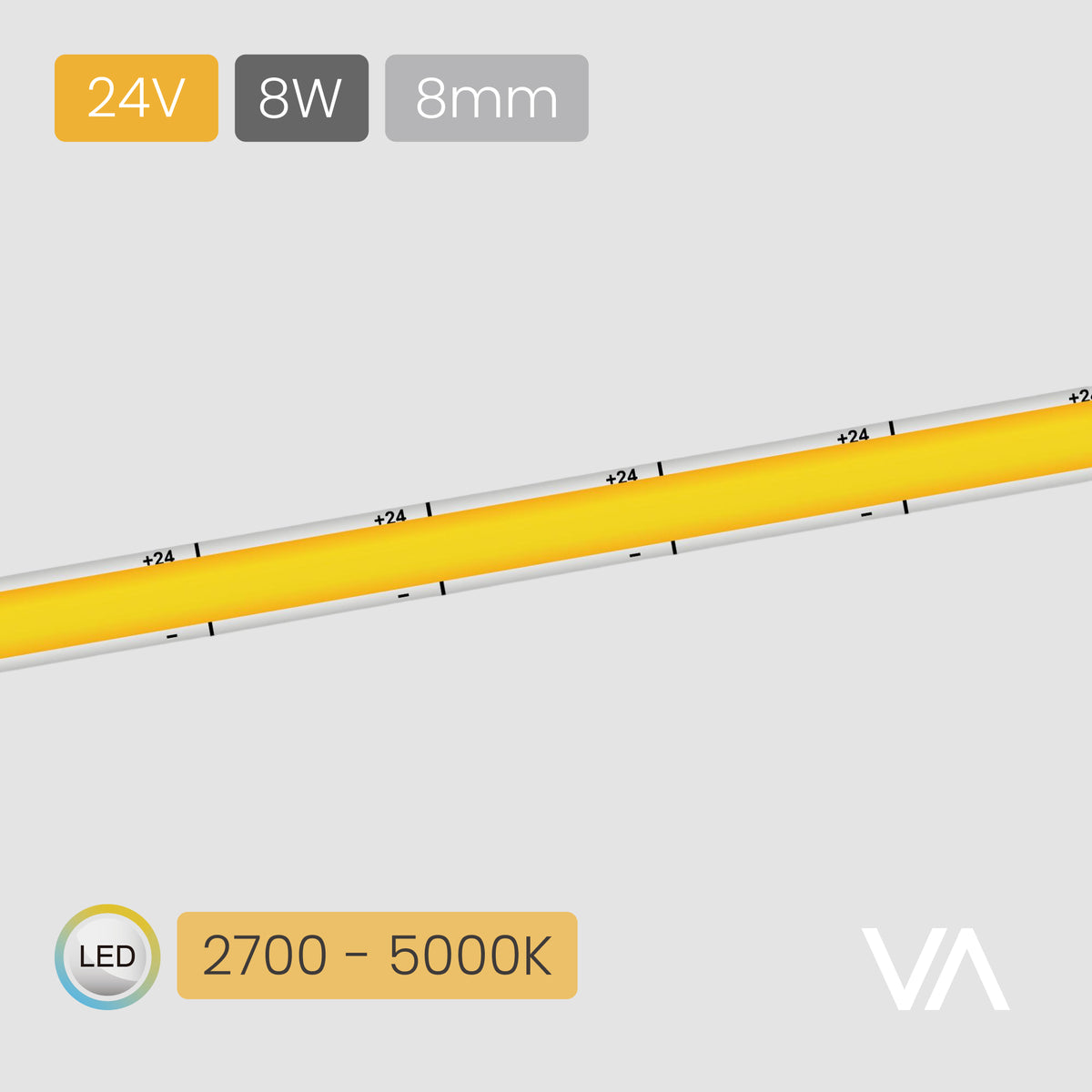 VOXAURA COB LED-Ribbon, LS4031, 24V, 8W/m, 8mm, 2-pin Multi-white, 2700-5000 K, 640 LEDs/m, IP20, 5m
