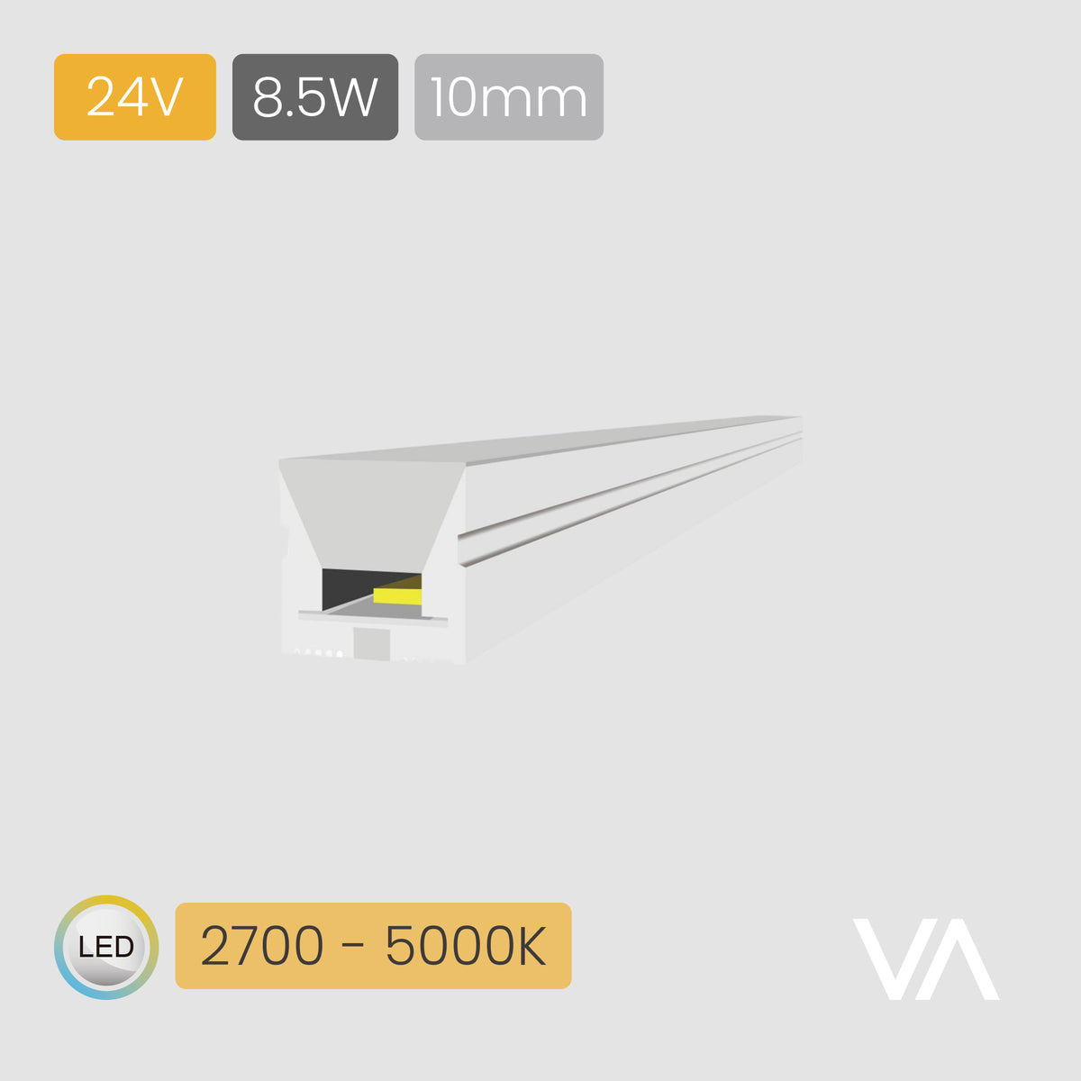 VOXAURA Silicone LED-Ribbon, LS4041, 24V, 8.5W/m, 10mm, 2-pin Multi-white, 2700-5000K, 640 LEDs/m, IP44, 5m