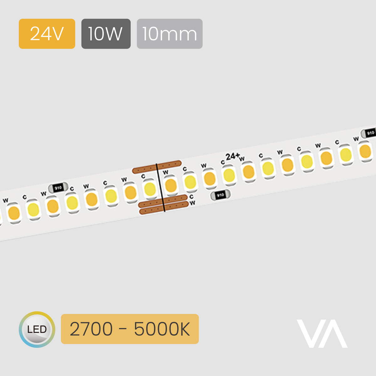 VOXAURA SMD LED-Ribbon, LS4050, 24V, 10W/m, 10mm, 3-pin Multi-white, 2700-5000K, 256 LEDs/m, IP20, 5m