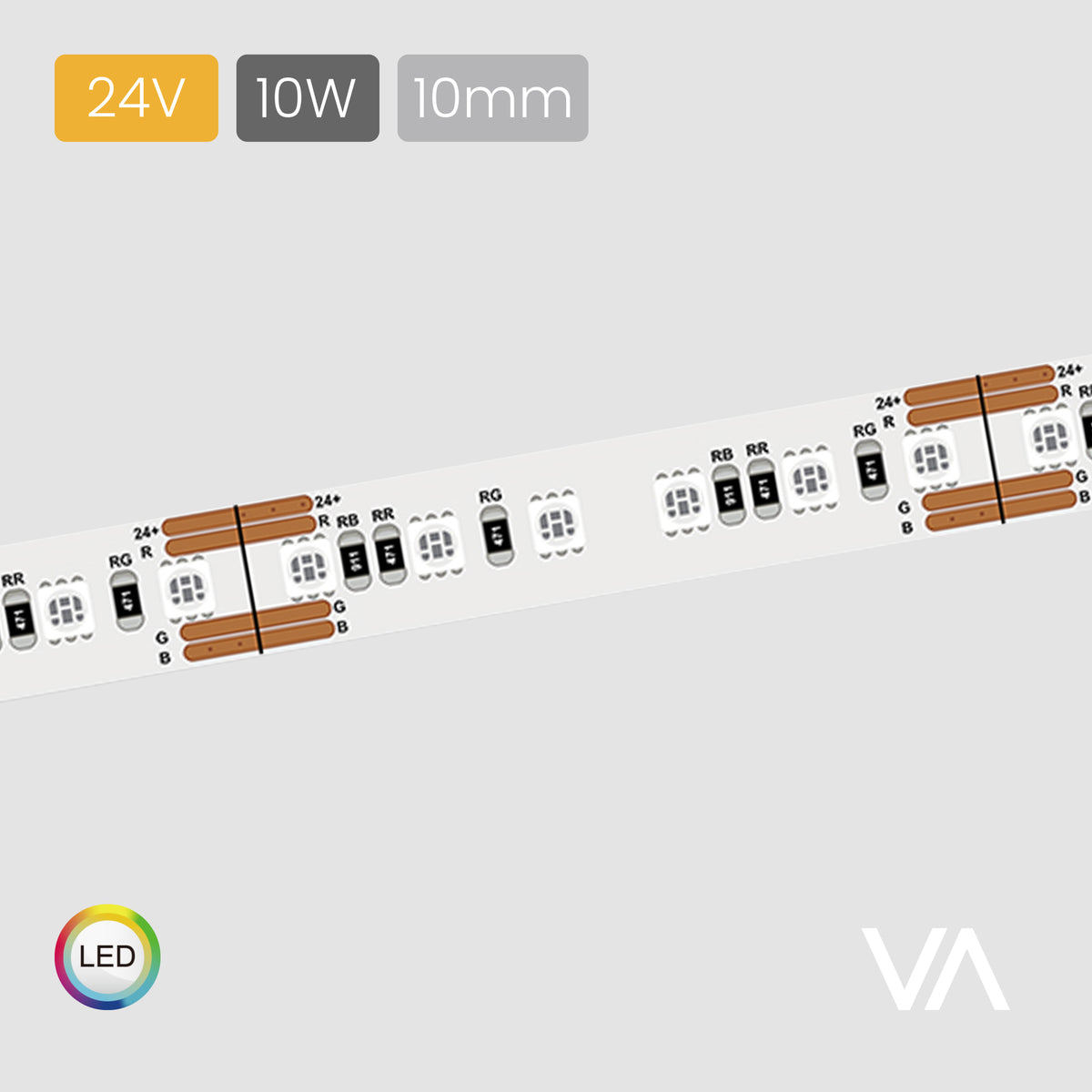VOXAURA SMD LED-Ribbon, LS4080, 24V, 10W/m, 10mm, 4-pin RGB, 120 LEDs/m, IP20, 5m