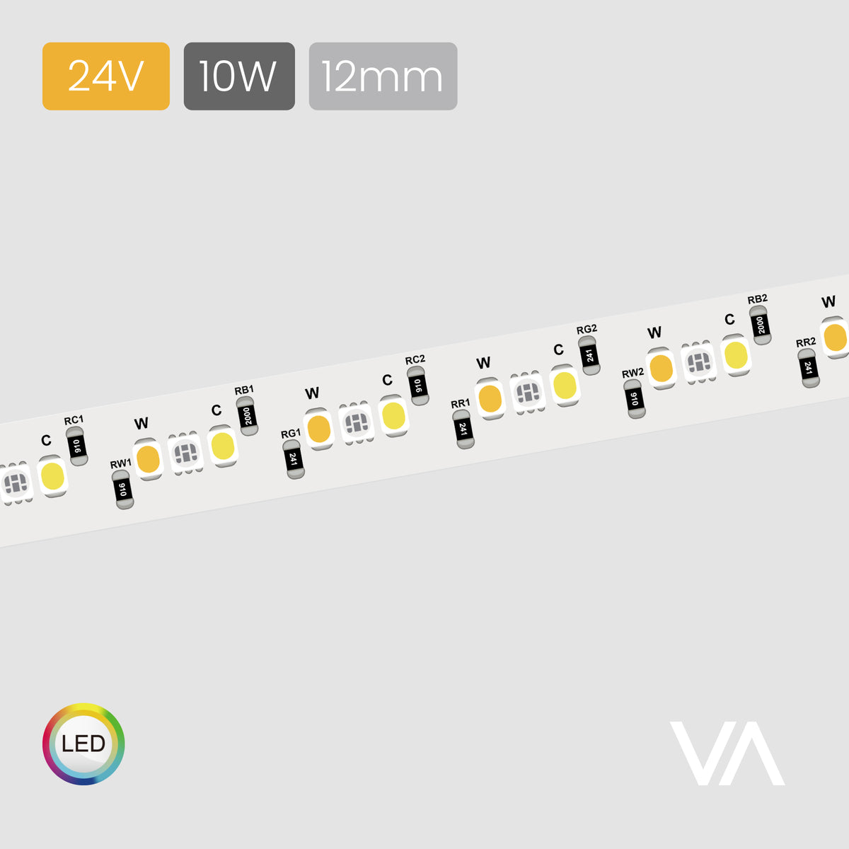 VOXAURA SMD LED-Ribbon, LS4090, 24V, 10W/m, 12mm, 6-pin RGB-Multi-white, 2700-5000K, 180 LEDs/m, IP20, 5m