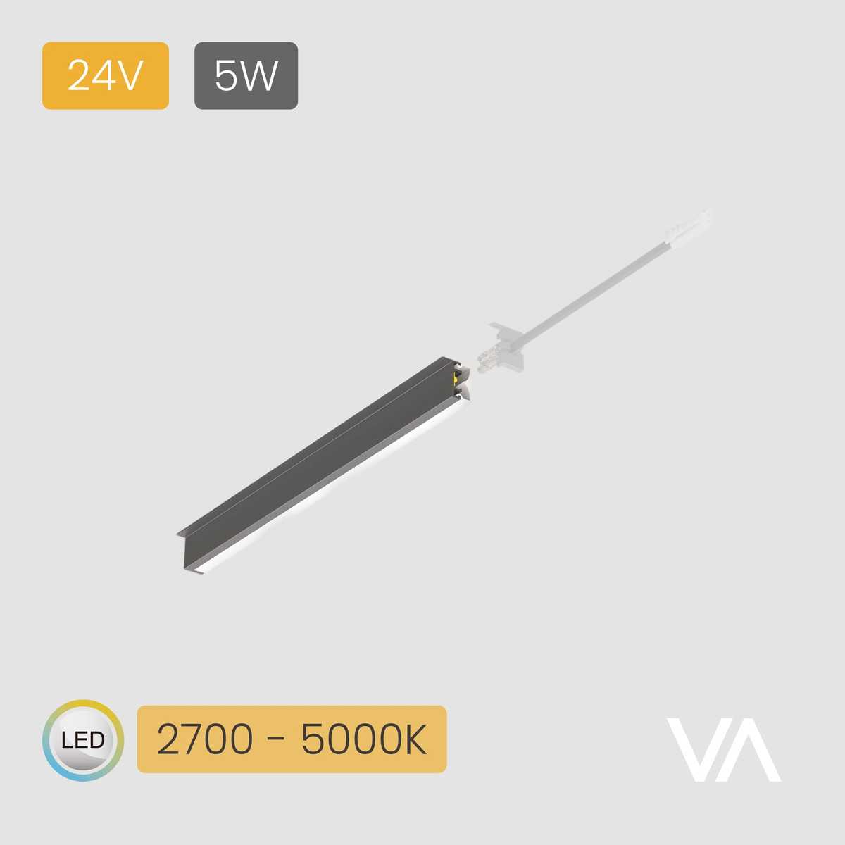 VOXAURA PL4002 linear light — connection accessory shown at reduced opacity