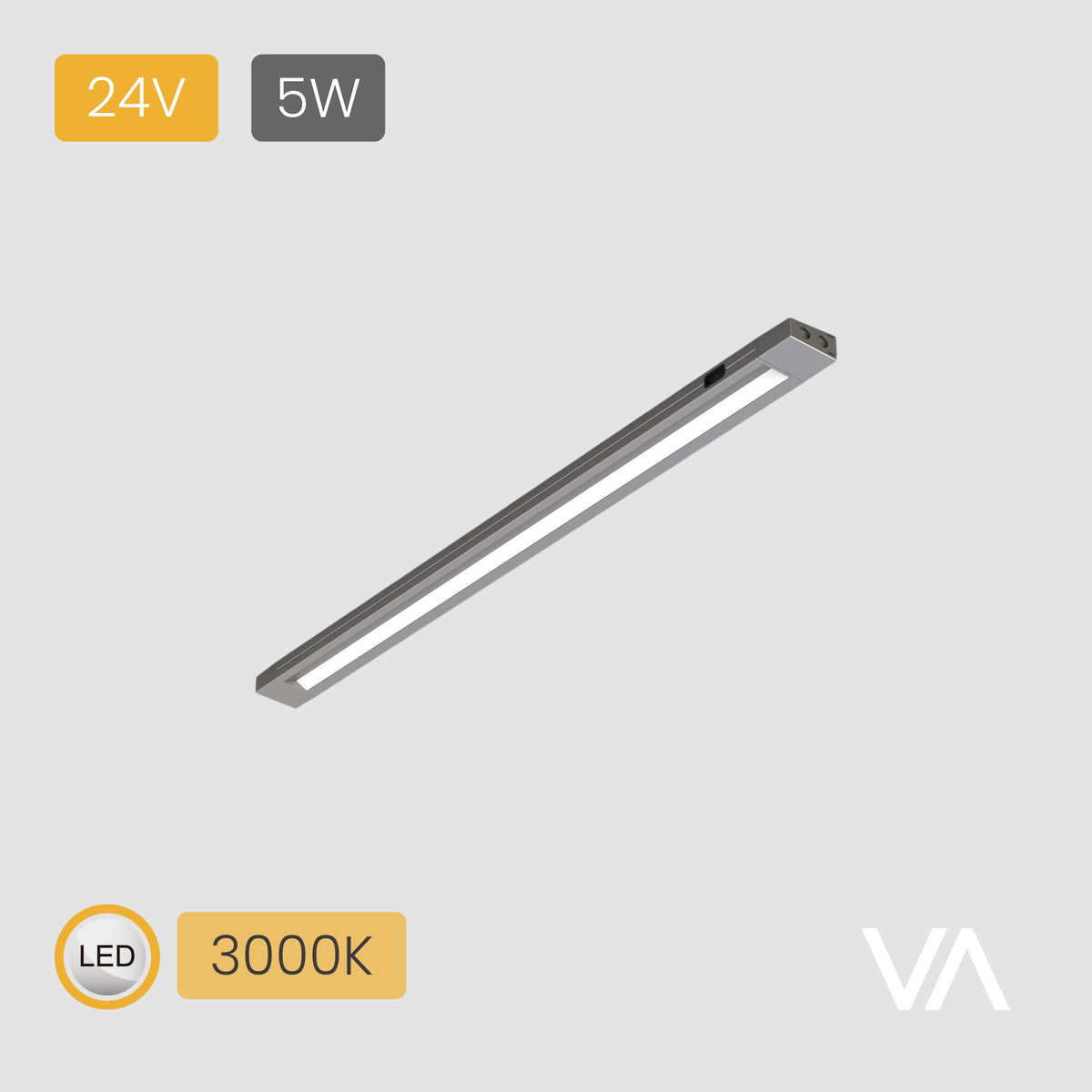 VOXAURA Drawer Linear Light with Integrated Sensor, PL4005, 24V, 5W/m, 2-pin Monochrome, 3000K, 320 LEDs/m, IP20, 3m, Silver-grey