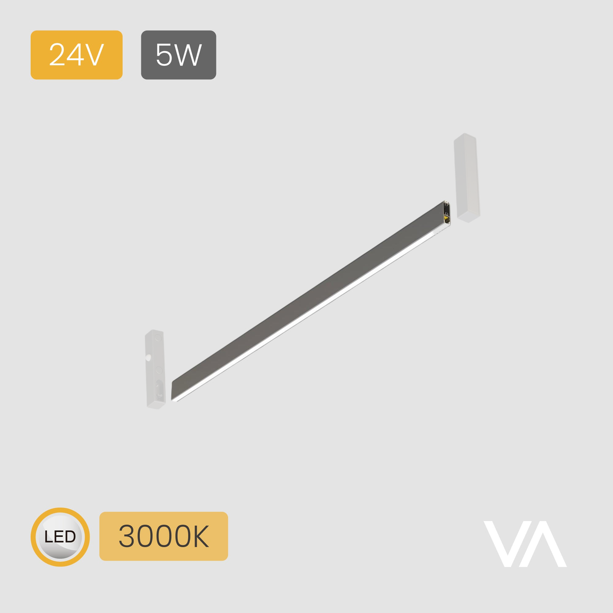 VOXAURA PL4006 wardrobe-rail linear light, 3000K — end connectors shown at reduced opacity