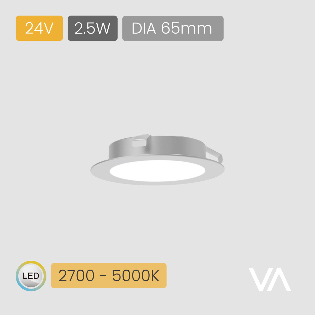 VOXAURA Down light, SL4004, 24V, 2.5W, 2-pin Multi-white, 2700-5000K, DIA 65mm, Silver-grey