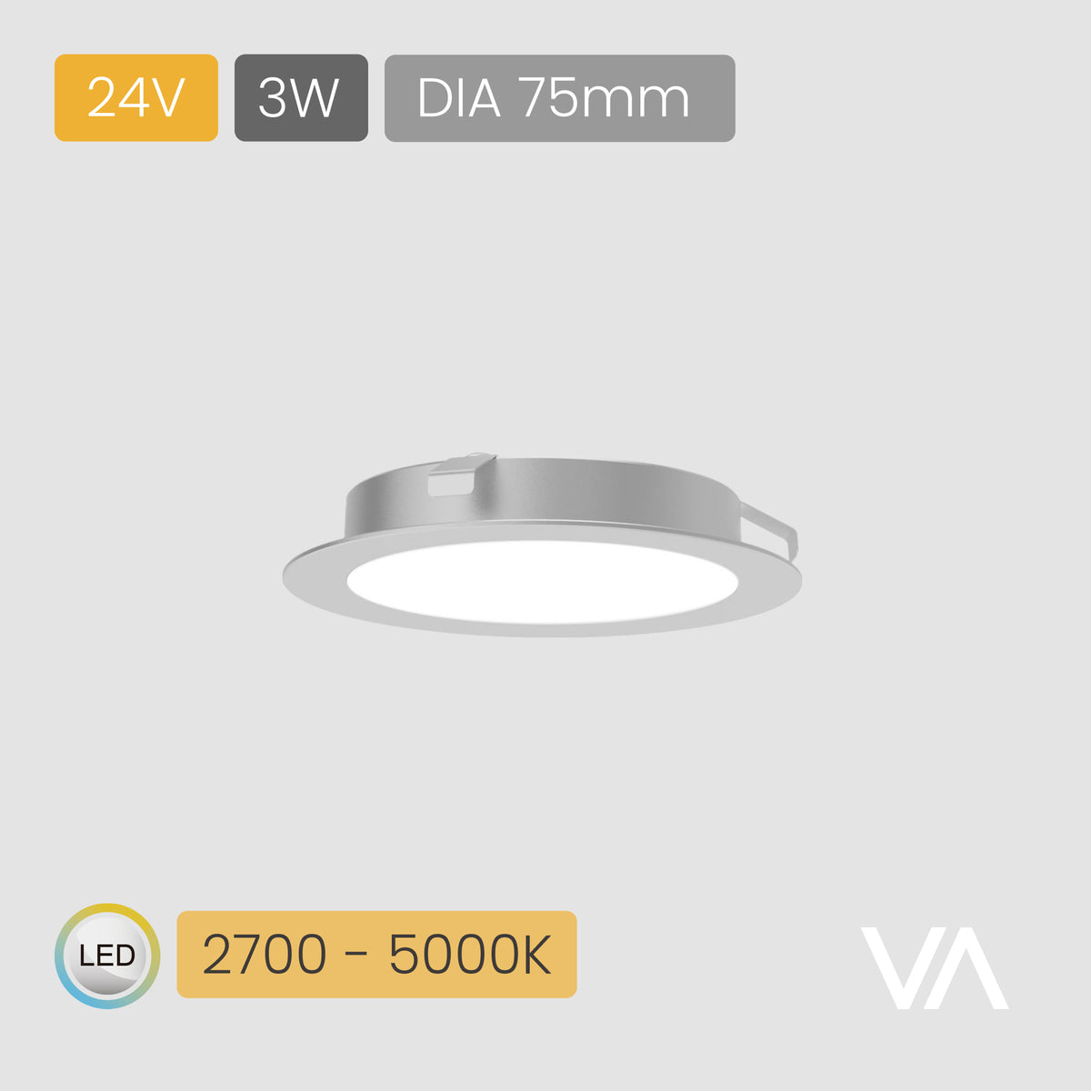 VOXAURA Down light, SL4005, 24V, 3W, 2-pin Multi-white, 2700-5000K, DIA 75mm, Silver-grey