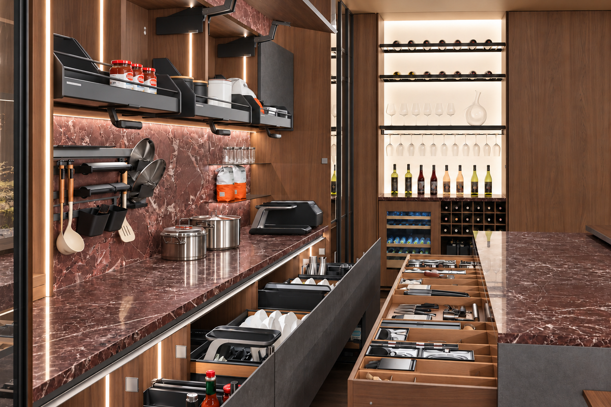 CHUR drawer organisers, BASEL wall storage, SCHIERS pull-outs and OLTEN upper-cabinet storage in the Arden Kitchen