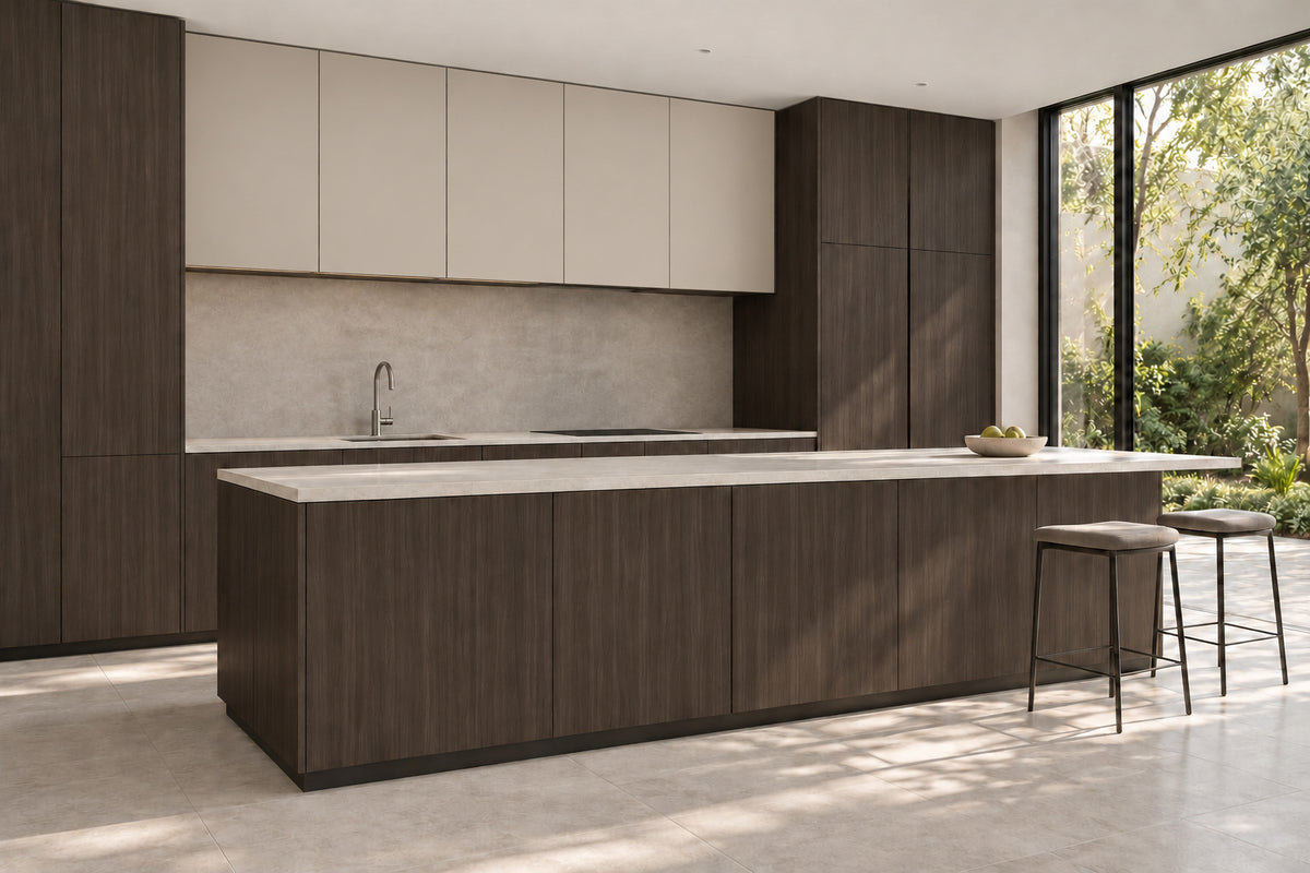 AI-generated minimalist kitchen with Verdecor Lustre Walnut island and tall cabinetry, accented by Pearl Beige FineMatte upper cabinets.